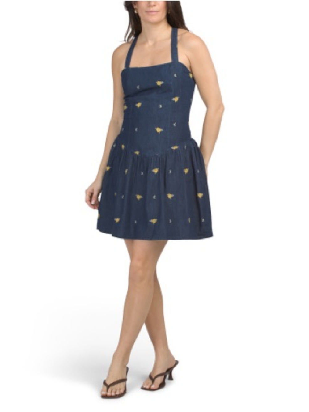 Navy Halter Dress with Yellow Embroidered Detail